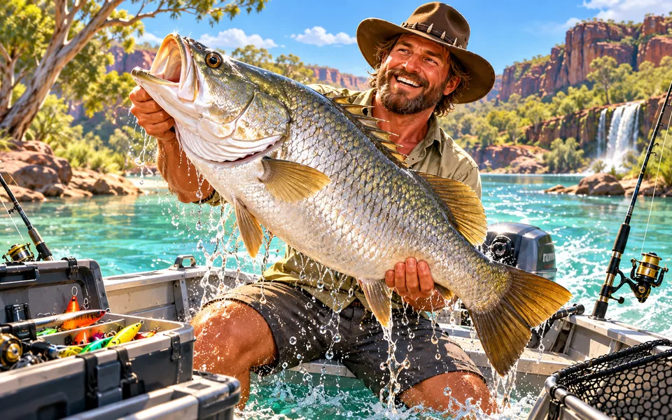 Concept art of an angler lifting a large fish from turquoise water