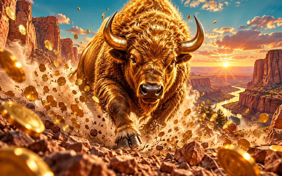 Concept art of a golden buffalo charging through a canyon