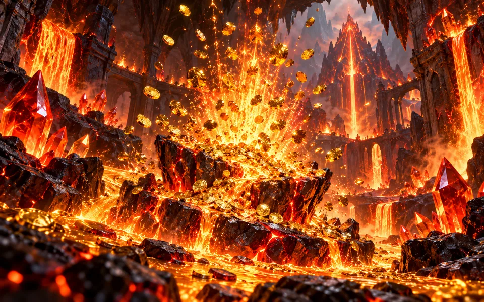 Concept art of a volcanic cave erupting with molten gold coins