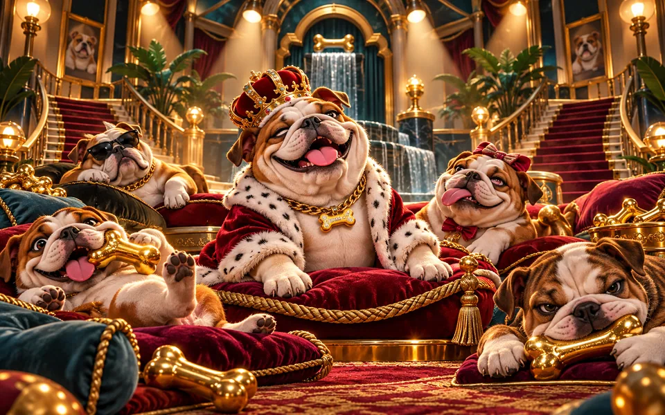 Concept art of bulldogs inside a luxurious art deco mansion