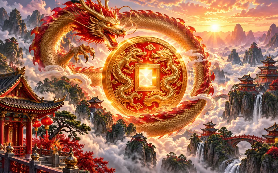 Concept art of an eastern dragon circling a giant golden coin