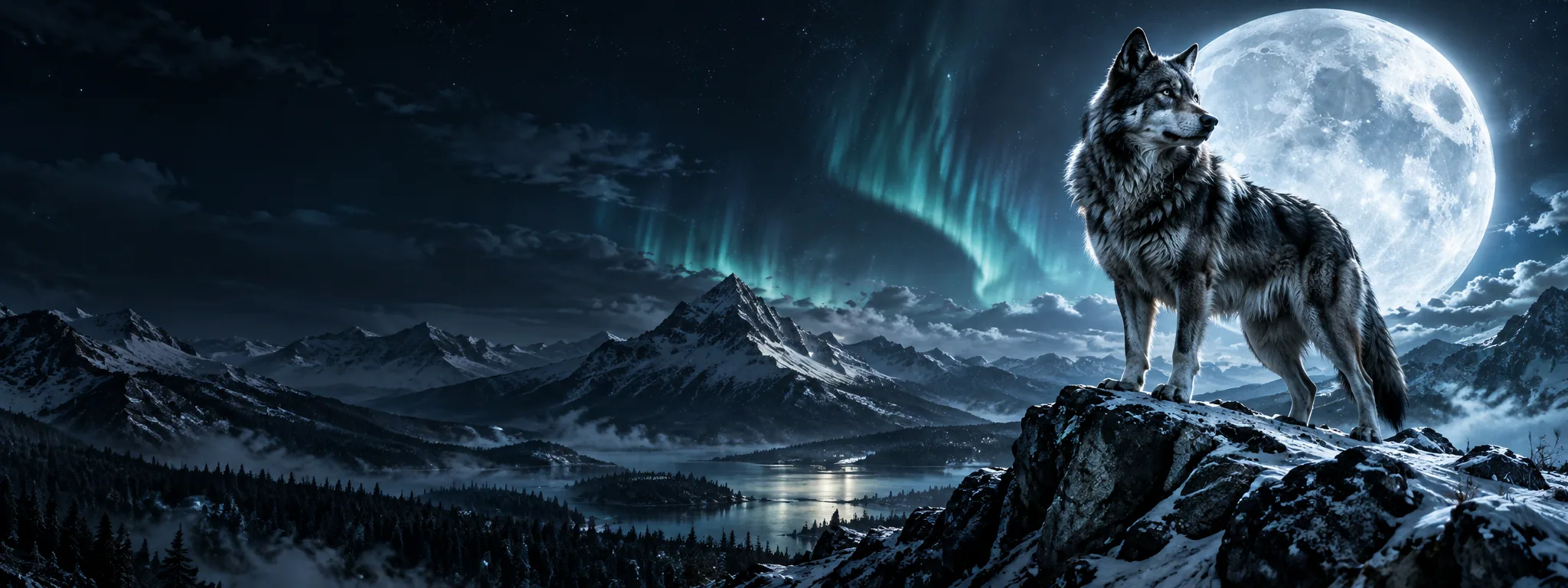 Silver wolf beneath a full moon over a mountain wilderness
