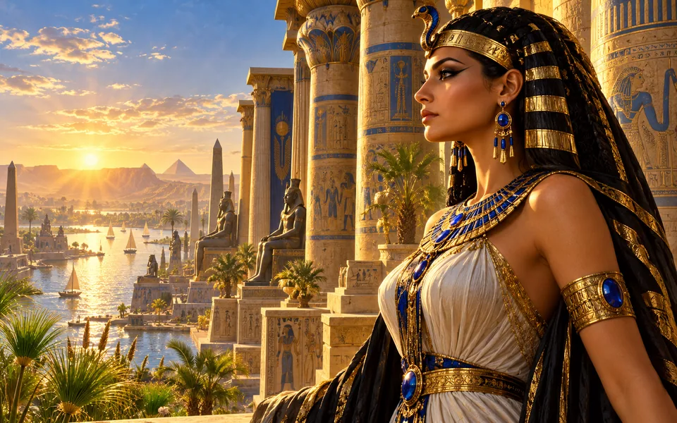 Concept art of an Egyptian queen beside golden temple columns