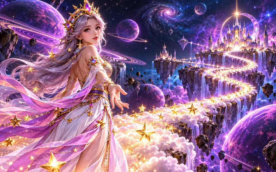 Concept art of a celestial princess crossing a glowing cloud bridge