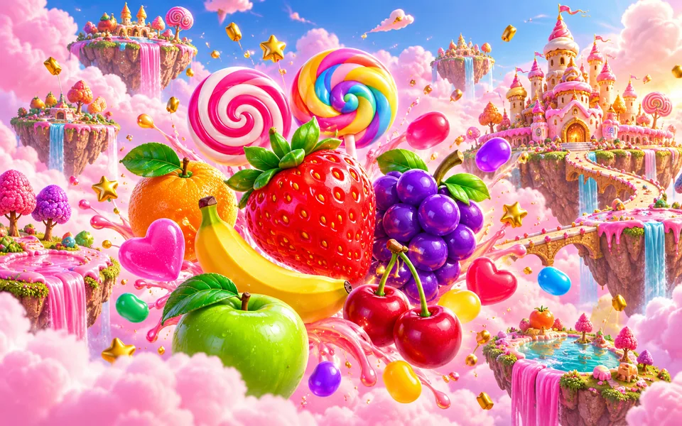 Concept art of a candy kingdom with fruit and lollipops