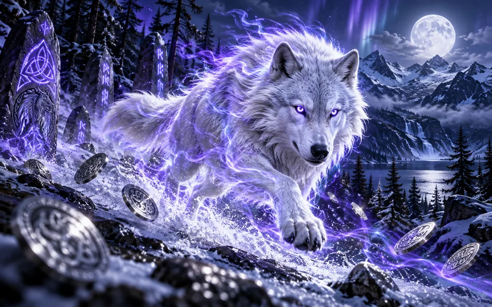 Concept art of a white wolf running through a moonlit forest